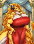  big_breasts breasts cleavage clothed clothing dragon dress gravewalker hair hand_on_hip hi_res huge_breasts red_clothing red_dress scalie yellow_body 