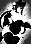  1girl absurdres alternate_costume animal_ears bangs bare_shoulders blunt_bangs blush braid breasts cat_ears cat_tail cleavage cowboy_shot detached_sleeves dutch_angle extra_ears eyebrows_visible_through_hair fang foot_out_of_frame greyscale hand_on_hip haseru_(ginku_mh) highres holding holding_tray kaenbyou_rin large_breasts long_hair long_sleeves looking_at_viewer monochrome multiple_tails nekomata open_mouth pointy_ears skin_fang smile solo standing standing_on_one_leg tail thick_thighs thighhighs thighs touhou tray twin_braids twintails two_tails wide_sleeves 