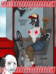  anatid anseriform anserinae anthro avian bird blood bodily_fluids bottomwear canada canada_goose clothing dialogue driving female goose green_eyes headphones hi_res human male mammal rorrek shorts tears text truck_(vehicle) trucker vehicle wojak 