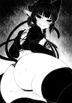  1girl animal_ears ass bangs black_bow black_legwear blunt_bangs bow braid breasts cat_ears cat_tail extra_ears greyscale grin hair_bow hair_ribbon half-closed_eyes haseru_(ginku_mh) kaenbyou_rin large_breasts long_hair looking_at_viewer looking_back lying monochrome multiple_tails nekomata on_side pointy_ears pussy_juice ribbon simple_background smile solo tail thick_thighs thighhighs thighs touhou tress_ribbon tsurime twin_braids twintails two_tails 