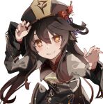  1girl bangs black_coat black_headwear blush breasts brown_hair coat coattails flower genshin_impact grin hat hat_flower hu_tao_(genshin_impact) long_hair long_sleeves looking_at_viewer plum_blossoms red_eyes same_(sendai623) small_breasts smile solo symbol-shaped_pupils twintails very_long_hair 