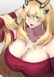  absurdres blonde_hair blue_eyes breasts cleavage dress fairy_knight_gawain_(fate) fate/grand_order fate_(series) gumi_(the_eye_of_darkness) heterochromia highres long_hair red_dress red_eyes solo very_long_hair 
