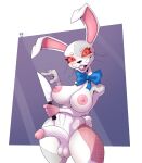  absurd_res anthro balls big_breasts bow_tie breasts buckteeth curvy_figure eyelashes female fingers five_nights_at_freddy&#039;s genitals hi_res itsdante knife lagomorph leporid looking_at_viewer mammal nipples patch_(fabric) penis rabbit red_sclera scottgames shush simple_background smile solo standing stitch_(sewing) teeth thick_thighs tongue vanny_(fnaf) video_games whiskers wide_hips 