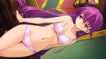  1girl bangs bra breasts cleavage closed_mouth collarbone cowboy_shot dutch_angle game_cg groin hair_between_eyes half-closed_eyes kentou_kanami long_hair navel orion_(orionproject) panties pink_bra pink_panties purple_eyes purple_hair rance_ix shiny shiny_hair shiny_skin small_breasts solo standing thigh_gap underwear underwear_only very_long_hair 