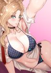 animal_humanoid big_breasts bikini blonde_hair breasts choker cleavage clothed clothing cross hair hi_res humanoid jewelry necklace nico-mo open_clothing open_shirt open_topwear pink_background shirt side-tie_bikini simple_background swimwear topwear 