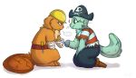  ... absurd_res anthro armor bandage beaver brown_body brown_fur cheek_tuft chest_tuft clothing duo facial_tuft frustrated fur green_body green_fur handy_(htf) happy_tree_friends hard_hat headgear helmet hi_res hook_hand jolly_roger kneeling looking_at_another lutrine male mammal mustelid pegleg pirate pirate_hat rodent russell_(htf) shakly shirt simple_background skull_and_crossbones smile tool_belt tools topwear torn_clothing torn_shirt torn_topwear tuft white_background 