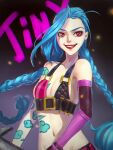  1girl arm_tattoo asymmetrical_bangs bangs bare_shoulders black_background braid breasts character_name cleavage cloud_tattoo collarbone detached_sleeves gradient gradient_background green_hair grin highres jinx_(league_of_legends) keing_(1447371167) league_of_legends long_hair looking_at_viewer navel red_eyes red_lips small_breasts smile solo stomach_tattoo tattoo teeth twin_braids very_long_hair 