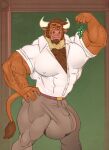  2018 5_fingers anthro arm_hair barazoku beard belt big_bulge big_muscles blue_eyes body_hair bottomwear bovid bovine brown_body brown_fur brown_hair bulge cattle chest_hair clothed clothing diesel_(komatose) dress_shirt ear_piercing ear_ring facial_hair facial_piercing fingers fur hair hand_on_hip hi_res horn huge_bulge huge_muscles humanoid_hands hyper hyper_bulge kazushi looking_at_viewer male mammal mistletoe muscular muscular_anthro muscular_male nose_piercing nose_ring open_clothing open_shirt open_topwear pants piercing pink_nose plant shirt solo standing tight_clothing topwear white_horn 