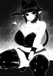  1girl alternate_costume animal_ears bangs bare_shoulders black_bow black_legwear blunt_bangs blush bow braid breasts cat_ears cat_tail cleavage covered_nipples extra_ears eyebrows_visible_through_hair full_body greyscale hair_bow hair_ribbon haseru_(ginku_mh) heart huge_breasts kaenbyou_rin looking_at_viewer midriff monochrome multiple_tails nekomata pointy_ears ribbon simple_background solo squatting tail thick_thighs thighhighs thighs touhou tress_ribbon triangle_mouth tsurime twin_braids twintails two_tails 