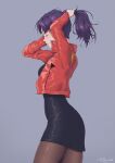  1girl arms_up black_dress black_legwear closed_eyes closed_mouth dress from_side grey_background highres jacket katsuragi_misato long_hair long_sleeves neon_genesis_evangelion open_clothes open_jacket pantyhose profile purple_hair ranveld red_jacket shiny shiny_clothes shiny_hair shiny_legwear short_dress signature simple_background solo standing tying_hair 