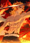  1boy abs arsh_(thestarwish) artist_name belt blonde_hair cape closed_mouth dated fire highres holding holding_sword holding_weapon katana kimetsu_no_yaiba large_pectorals light_smile long_hair male_focus manboobs multicolored_hair muscular muscular_male pants pectorals red_eyes red_hair rengoku_kyoujurou signature solo sword topless_male torn_clothes two-tone_hair weapon 