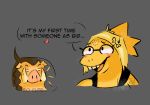  alphys anthro clothing duo fan_character female lizard male male/female mammal reptile scales scalie slightly_chubby suid suina sus_(pig) sylverow0 undertale undertale_(series) video_games wild_boar yellow_body yellow_scales 