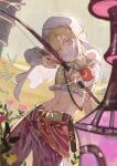  1boy akihare androgynous arabian_clothes bare_shoulders bow_(weapon) circlet crop_top crossdressing detached_sleeves drawing_bow dutch_angle gerudo_set_(zelda) harem_outfit harem_pants highres holding holding_bow_(weapon) holding_weapon jewelry link male_focus midriff mouth_veil navel necklace official_alternate_costume pants the_legend_of_zelda the_legend_of_zelda:_breath_of_the_wild toned toned_male veil weapon 