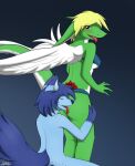  anthro arctic_fox blonde_hair blue_body blue_eyes blue_fur blue_hair blush bodily_fluids breasts butt_lick canid canine clothed clothing cloud_(breakingcloud) dragon duo eyes_closed feathered_wings feathers female fox fur furred_dragon giru_(artist) green_body green_fur hair hands_on_hips hi_res kneeling licking looking_back male male/female mammal multicolored_body multicolored_fur nipple_outline nude raised_tail saliva skimpy standing tongue tongue_out two_tone_body two_tone_fur underwear white_body white_fur wings yuri_(giru) 