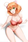  1girl :o ahoge bangs banned_artist bare_arms bare_legs bikini breasts cleavage collarbone eyebrows_visible_through_hair from_above front-tie_bikini front-tie_top green_eyes hair_between_eyes halterneck highres kimmy77 large_breasts long_hair navel open_mouth orange_hair penny_polendina red_bikini rwby shiny shiny_hair sideboob simple_background sitting solo swimsuit white_background 