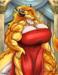  anthro big_breasts breasts cleavage clothed clothing dragon dress gravewalker hair hand_on_hip hi_res huge_breasts red_clothing red_dress scalie yellow_body 