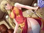  1girl bangs blonde_hair blue_eyes braid braided_ponytail breasts censored china_dress chinese_clothes covered_nipples dragon dragon_print dress dutch_angle eastern_dragon eyebrows_visible_through_hair female_pubic_hair floating_hair frey_adesu_vue_ikishia game_cg hair_between_eyes hair_ribbon hand_fan holding holding_fan indoors large_breasts long_hair mosaic_censoring no_panties otome_(riddle_soft) parted_lips print_dress pubic_hair red_dress ribbon shiny shiny_hair sleeveless sleeveless_dress solo standing sweatdrop thighhighs very_long_hair white_legwear white_ribbon wooden_ceiling yamamoto_kazue 