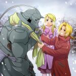  1girl 2boys ahoge alphonse_elric armor blonde_hair blue_eyes braid braided_ponytail brown_eyes closed_mouth coat edward_elric full_armor fullmetal_alchemist green_scarf grin hair_intakes highres long_hair long_sleeves low_ponytail multiple_boys ponytail prosthetic_hand purple_coat red_coat scarf shiny shiny_hair shsh8860 smile snowing winry_rockbell winter winter_clothes winter_coat 