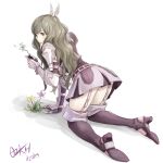  1girl absurdres all_fours arm_support armor artist_name bangs beads bent_over blush breastplate brown_eyes brown_hair dated fire_emblem fire_emblem_awakening flower garter_straps grass hair_ornament high_heels highres kneeling long_hair ozkh petals shoulder_armor signature simple_background skirt solo sumia_(fire_emblem) teasing thighhighs thighs white_background 