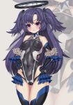  1girl absurdres blue_archive cameltoe cosplay covered_navel cowboy_shot fishnets frilled_leotard frills fur_cuffs highleg highleg_leotard highres impossible_clothes impossible_leotard leotard mizuki_yukikaze mizuki_yukikaze_(cosplay) neelize nipples purple_hair see-through_leotard solo taimanin_(series) taimanin_suit taimanin_yukikaze yuuka_(blue_archive) 