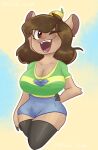  2022 anthro artist_name big_breasts biped blue_bottomwear blue_clothing blue_shorts bottomwear brazilian_flag breasts brown_body brown_eyes brown_fingers brown_fur brown_hair capybara caviid cheek_tuft cleavage clothed clothing curvy_figure dark_stockings digital_media_(artwork) elbow_tuft eyelashes facial_tuft female fofa_(puppychan48) fur green_clothing green_shirt green_topwear hair halee_angel hand_on_hip hi_res lemon mammal multicolored_clothing multicolored_shirt multicolored_topwear object_on_head one_eye_closed open_mouth outline pattern_clothing pattern_shirt pattern_topwear pink_tongue portrait rodent shirt shorts simple_background smile solo standing teeth three-quarter_portrait tongue topwear tuft white_outline 