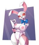  absurd_res anthro big_breasts bodily_fluids bow_tie breasts buckteeth curvy_figure eyelashes female fingers five_nights_at_freddy&#039;s genital_fluids genitals hi_res itsdante knife lagomorph leporid looking_at_viewer mammal nipples patch_(fabric) pussy pussy_juice rabbit red_sclera scottgames shush simple_background smile solo standing stitch_(sewing) teeth thick_thighs tongue vanny_(fnaf) video_games whiskers wide_hips 