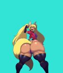  absurd_res animal_humanoid ber00 big_butt blonde_hair breasts butt camel_toe clothed clothing female gesture hair hi_res huge_butt humanoid looking_at_viewer looking_back looking_back_at_viewer simple_background v_sign 