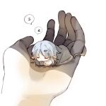  1boy arknights bangs blanket bochengjianxue chibi closed_eyes male_focus miniboy pointy_ears shalem_(arknights) short_hair silver_hair simple_background sleeping solo_focus white_background 