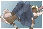  anthro bottomwear bulge caramel_(pawfeather) clothing denim denim_clothing feet foot_focus girly humanoid jeans male pants pawfeather smug smug_face smug_grin soles solo toes 