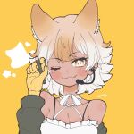  1girl :3 absurdres bare_shoulders blonde_hair bow bowtie choker commentary_request coyote_(kemono_friends) coyote_ears coyote_girl cthun_n eyebrows_visible_through_hair fang gloves grey_jacket highres jacket kemono_friends microphone multicolored_hair off_shoulder official_alternate_costume one_eye_closed pencil shirt short_hair sleeveless solo spaghetti_strap star_(symbol) virtual_youtuber white_bow white_bowtie white_choker white_hair white_shirt yellow_eyes yellow_gloves 