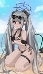  1girl bare_shoulders beach blue_archive blush breasts choker cloud cloudy_sky covering covering_breasts demon_tail glasses gloves iori_(blue_archive) jewelry kneeling long_hair looking_at_viewer mandarok1149 navel necklace ocean red_eyes silver_hair sky solo sunglasses swimsuit tail thick_thighs thighs 