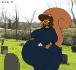  2011 anthro belly big_belly big_breasts bodily_fluids breasts brown_hair cemetery digital_media_(artwork) female flower gabriel_(satsumalord) hair hand_on_stomach huge_breasts lily_(flower) mammal navel navel_outline open_mouth outie_navel plant pregnant rodent satsumalord sciurid solo tears tombstone 