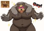  2022 anthro bearafterall belly black_nose eyewear glasses hi_res humanoid_hands male mammal moobs navel nintendo overweight overweight_male pok&eacute;mon pok&eacute;mon_(species) simple_background solo text ursaluna ursid video_games white_background 