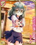  1girl aiming_at_viewer bespectacled blush candy_hair_ornament card_(medium) character_name collarbone food-themed_hair_ornament girlfriend_(kari) glasses green_hair gun hair_ornament looking_at_viewer medium_hair mishina_kaho official_art qp:flapper revolver ribbon ruins sky sweatdrop torn_clothes weapon 