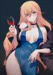  1girl absurdres alcohol bangs bare_shoulders bianka_durandal_ataegina black_choker blonde_hair blue_background blue_dress blue_eyes breasts choker cleavage closed_mouth cup dress drinking_glass earrings hair_between_eyes highres holding holding_cup honkai_(series) honkai_impact_3rd jewelry long_hair looking_at_viewer simple_background sleeveless sleeveless_dress wavy_hair wine wine_glass youmiao_oxo 