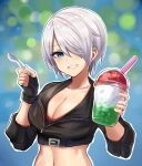  1girl angel_(kof) blue_eyes blush breasts cleavage collarbone cup drinking_straw edboy eyebrows_visible_through_hair grin hair_over_one_eye highres holding holding_cup holding_spoon large_breasts lips looking_at_viewer navel parted_lips short_hair smile solo spoon teeth the_king_of_fighters the_king_of_fighters_xv upper_body white_hair 
