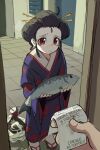 1girl animal black_hair commentary doorway english_commentary fish food food_on_face geisha hair_ornament hair_stick holding holding_animal holding_fish japanese_clothes jean_bomjan kimono looking_at_viewer original pov pov_hands purple_kimono red_eyes russian_text sketch solo_focus too_literal translated 