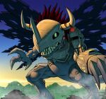  chest_cannon claws cyborg digimon digimon_(creature) digimon_world dinosaur dinosaur_tail helmet highres horns lbrightbladel mechanical_arms mechanical_parts metalgreymon metalgreymon_virus prosthesis prosthetic_arm red_hair sauropod sharp_teeth single_mechanical_arm solo tail teeth torn_wings veins wings yellow_eyes 