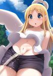  1girl :o angel arisu_kazumi bar_censor bare_arms black_shorts blonde_hair blue_eyes blue_sky blush broken_halo censored clothes_pull cloud crimvael dress halo ishuzoku_reviewers long_hair navel nose_blush open_mouth outdoors peeing shorts shorts_pull sky white_dress wings 