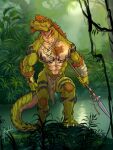  alex_(jrbart) alexander_raxos alligator alligatorid anthro armpit_hair body_hair crazydrak crocodilian facial_piercing green_body green_scales hairy hi_res magolobo male markings melee_weapon muscular muscular_anthro muscular_male nipple_piercing nipples nose_piercing piercing polearm reptile scales scalie scar solo spear tattoo tribal tribal_markings weapon yellow_eyes 