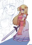  1girl 3d_background absurdres blonde_hair blue_eyes blush dress earrings full_body hair_intakes highres holding holding_sword holding_weapon jewelry kemori long_hair looking_at_viewer master_sword pointy_ears princess_zelda solo standing sword the_legend_of_zelda the_legend_of_zelda:_a_link_between_worlds triforce weapon 