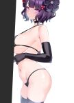  1girl bangs bare_shoulders bikini black_gloves black_legwear blush breasts choker collarbone elbow_gloves fate/grand_order fate_(series) gloves hair_ornament highleg highleg_bikini highres katsushika_hokusai_(fate) large_breasts looking_at_viewer navel purple_eyes purple_hair short_hair solo spider_apple swimsuit thighhighs thighs 