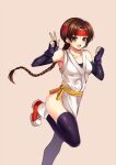  1girl black_gloves black_legwear blush braid breasts brown_eyes brown_hair character_request collarbone edboy elbow_gloves eyebrows_visible_through_hair fingerless_gloves gloves highres large_breasts long_hair looking_at_viewer open_mouth red_footwear shoes single_braid smile sneakers solo the_king_of_fighters the_king_of_fighters_xv thighhighs v 