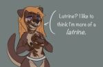  absurd_res animated anthro ara_bedivere breast_grab breasts clothed clothing dialogue eyebrow_wiggle feces female hair hand_on_breast hand_print hi_res humor katlin lutrine mammal mustelid navel orange_hair panties pun purple_eyes river_otter scat smearing smile smirk solo standing thick_tail topless underwear 