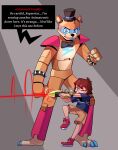  action_pose animatronic anthro band-aid bandage bottomwear bow_tie bracelet brown_body brown_hair child clothing dialogue duo ear_piercing english_text facial_markings fist five_nights_at_freddy&#039;s five_nights_at_freddy&#039;s:_security_breach glamrock_freddy_(fnaf) gregory_(fnaf) hair hat head_markings headgear headwear hi_res human jewelry laser laser_gun machine male mammal markings metallic_body miscuitsxd piercing pose ranged_weapon robot scottgames shirt shooting_gun shorts shoulder_pads size_difference speech_bubble spiked_bracelet spikes text top_hat topwear ursid video_games weapon young 