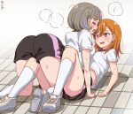  2girls closed_eyes commentary_request girl_on_top grey_hair gym_shorts gym_uniform highres kneehighs long_hair love_live! love_live!_superstar!! lying multiple_girls on_back open_mouth orange_hair purple_eyes sekai_saisoku_no_panda shibuya_kanon shirt shoes short_hair shorts sneakers sweat t-shirt tang_keke thighs white_footwear white_legwear white_shirt 