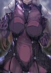  1girl against_glass against_window armor ass_visible_through_thighs bodysuit breast_press breasts breasts_on_glass cameltoe commentary_request covered_navel fate/grand_order fate_(series) head_out_of_frame highres large_breasts lips long_hair looking_at_viewer nonohachi pauldrons purple_bodysuit purple_hair scathach_(fate) shoulder_armor sidelocks solo upper_body water_drop wet window 