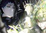  2boys absurdres black_clover black_hair blonde_hair blue_eyes blurry bone chromatic_aberration clenched_teeth crown demon_boy depth_of_field expressionless face facial_mark frit_2 fur_collar glowing hair_between_eyes high_collar highres long_bangs magic male_focus messy_hair multiple_boys narrowed_eyes possessed projected_inset purple_eyes short_hair teeth v-shaped_eyebrows yellow_eyes yuno_(black_clover) zenon_zogratis 