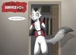  anthro arctic_fox blue_eyes canid canine cheek_tuft chest_tuft closet clothing crotch_tuft detailed_background dialogue dipstick_ears dipstick_tail door doorway facial_markings facial_tuft fox fur gloves_(marking) grey_nose head_markings hi_res holding_clothing holding_object inner_ear_fluff inside kini kinipshun male mammal marble_fox markings multicolored_ears naturally_censored red_fox smile solo tail_markings text topwear tuft vest white_body white_fur 