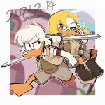  1boy 1girl armband artist_name bamboo_617 bird blonde_hair blue_sky cloud cloudy_sky dated disney duck duck_tales eyes_visible_through_hair furry furry_female furry_male goldie_o&#039;gilt green_eyes highres holding holding_sword holding_weapon jacket long_hair looking_at_another red_eyes scrooge_mcduck shirt short_sleeves shorts sideways_glance sky smirk sword tied_shirt weapon white_hair younger 